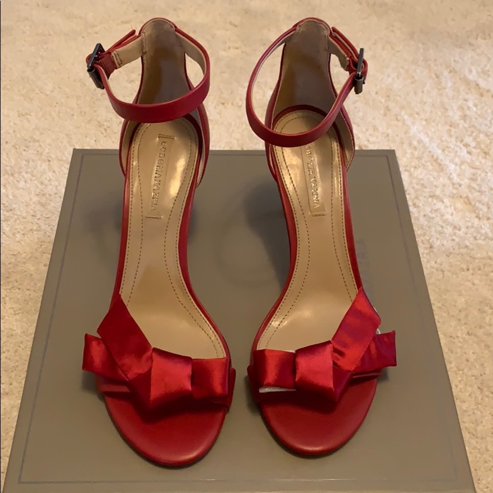 BCBG Red Satin Bow Open-Toe Heels
